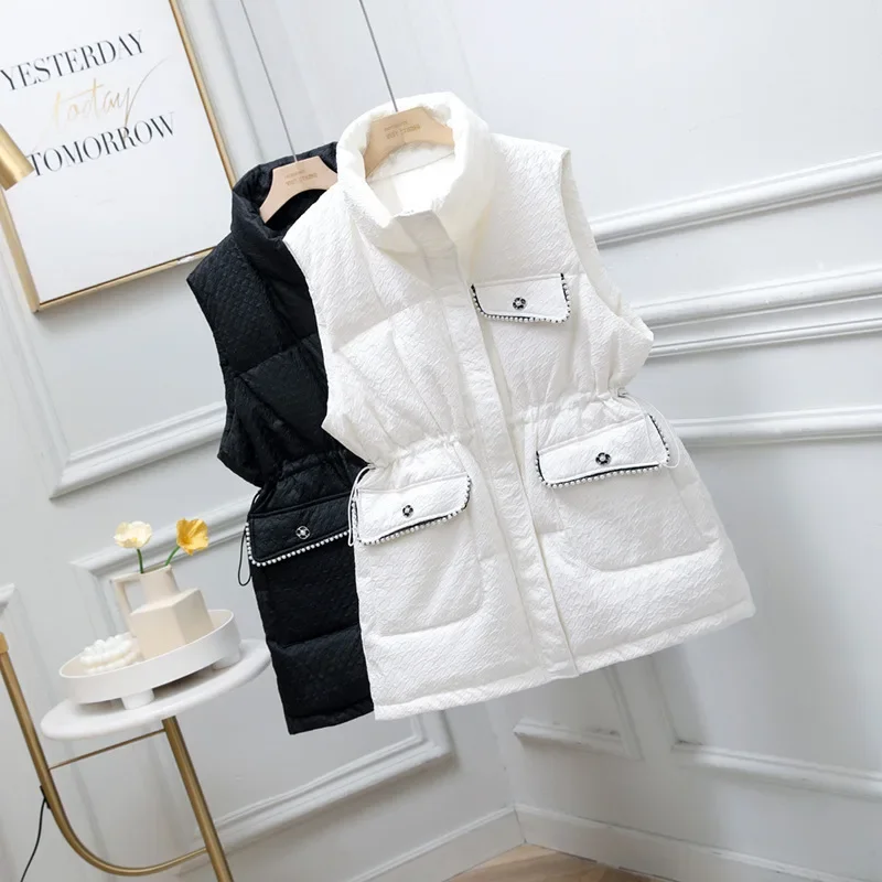 Women's Down Vest Loose Jacket Black Plus Size Winter White Duck Single-breasted Sleeveless Coats Stand Collar Drawstring Tops