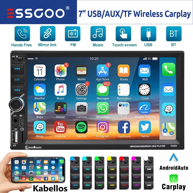 Unité principale autoradio ESSGOO 7 pouces sans fil Apple CarPlay Android Auto Double DIN Radio AUX FM Bluetooth USB TF Touchscreen Mirror Link 1