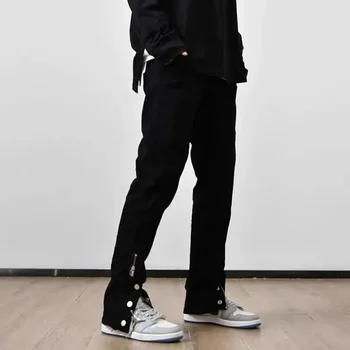 Y2k 남성용 블랙 컬러 청바지, 힙합 테크웨어, 슬림핏 조거 패션, 단추 지퍼, 캐주얼 스트리트웨어 바지