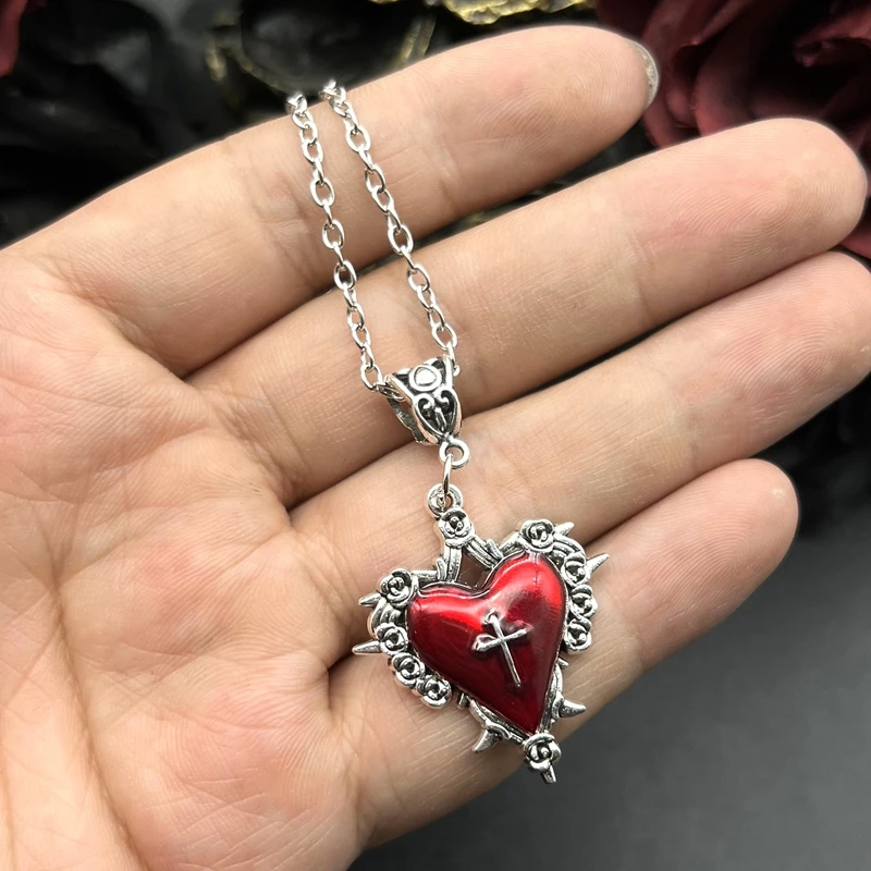 Death Cross Heart Necklace, Gothic jewelry, rose, Thorn, Vintage