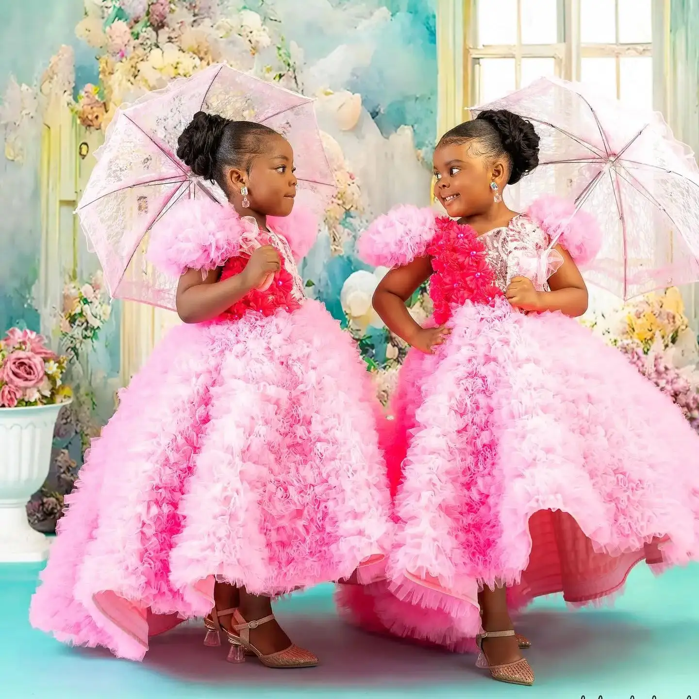 

Luxury Pink Ruffles Girls First Birthday Dress Beading Princess Flower Girl Dress Floor Length Tulle Christmas New Photoshoot