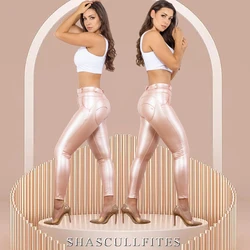 Shascullfites Melody Women Leggings Faux Leather Casual Stretch Leggings Elastic Sexy Pants Fleece Pink Skinny Pants