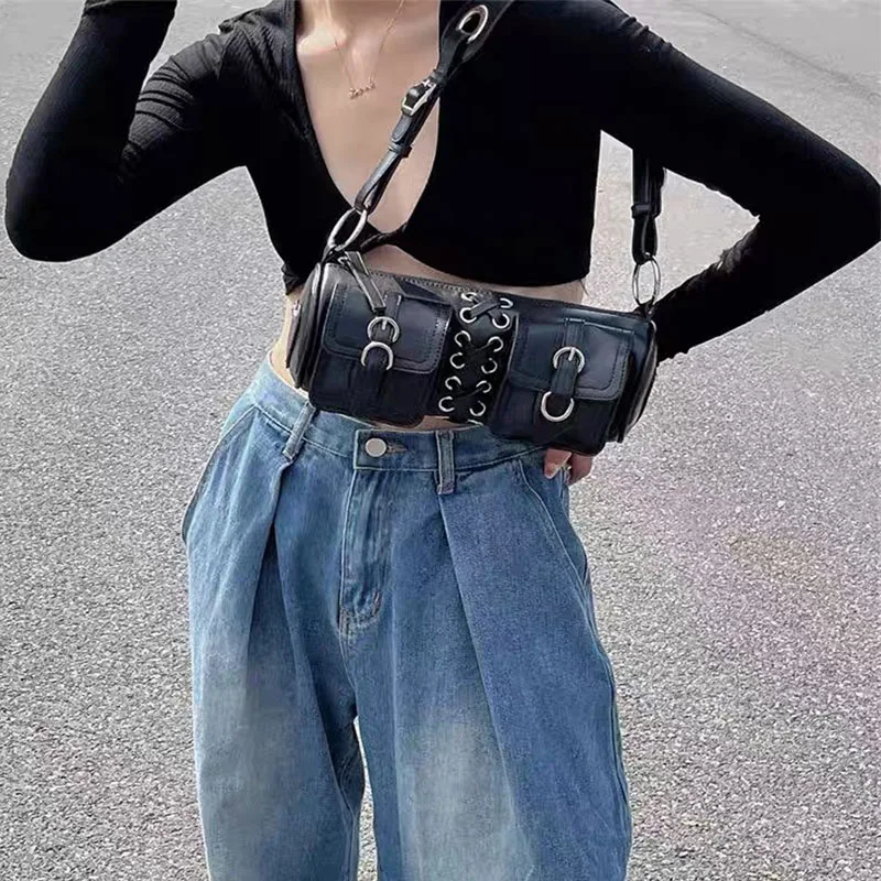 Vintage Schwarze Frauen Zylinder Unterarm Taschen Doppel Tasche Design Damen Schulter Tasche Mode Weibliche PU Leder Geldbörse_voghion.com