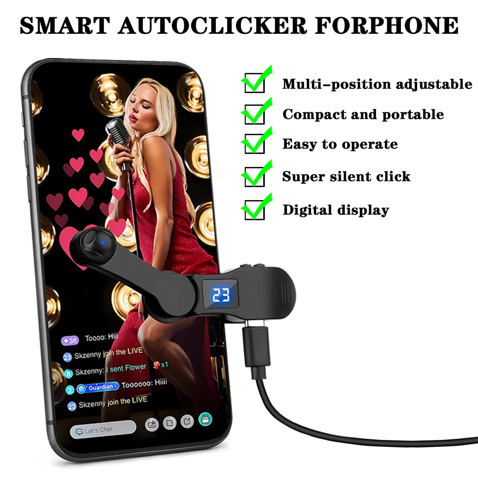 Digital Auto Screen Clicker Clip-on Clicker 108 Gears USB 180&deg; Rotation Simulation Finger Continuous Click for Smart Phone Apps