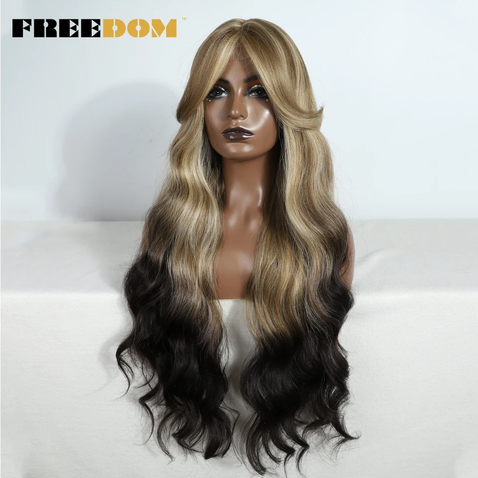 FREEDOM Synthetic Lace Front Wig Long Wavy Wig With Bangs Ombre Blonde Colorful Wigs For Black Women Heat Resistant Cosplay Wigs