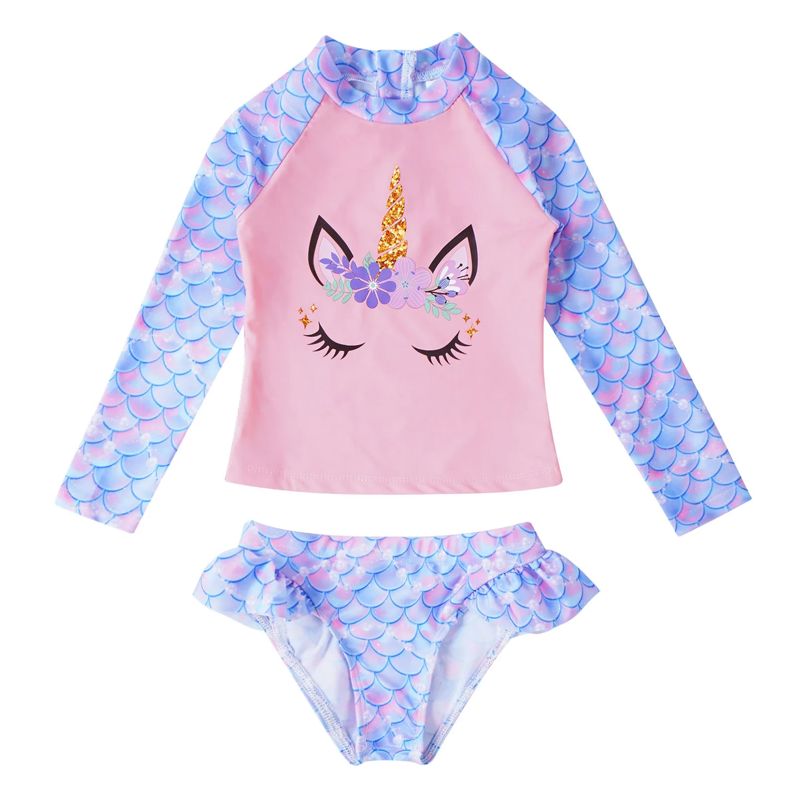 Kids Girls Brazilian 2Pcs Swimming Suit Swimwear Long Sleeve Cartoon Horse Print Tops Briefs Bikinis Set Beachwear Bathing Suits