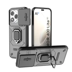 Shockproof Armor Phone Case with Slide Lens Camera Protection and Ring Holder for Plastic (Black)