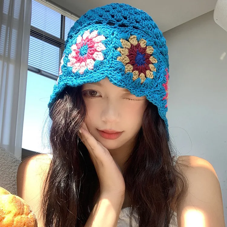 Women's Crochet Flower Beanie Hat Autumn Handmade Knitted Skullies Cap Female Hollow Beanies Cap Outdoor Foldable Sunscreen Hat 3