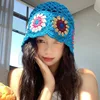 Women's Crochet Flower Beanie Hat Autumn Handmade Knitted Skullies Cap Female Hollow Beanies Cap Outdoor Foldable Sunscreen Hat 3
