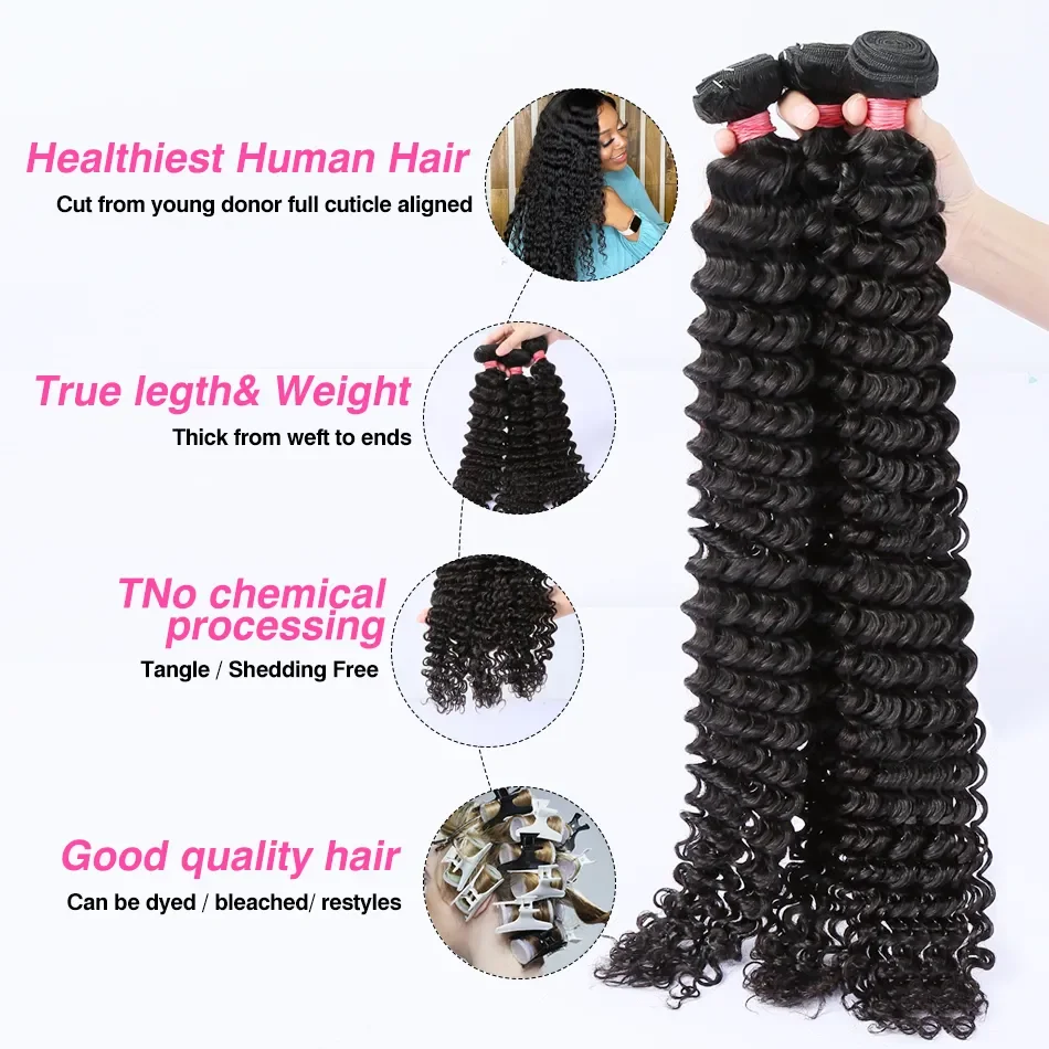 Luvin 30 32 36 40 Inch Deep Wave Human Hair Bundles Brazilian Remy Unprocessed Weaving Curly Hair Bundles Weave Extensions Deals 5