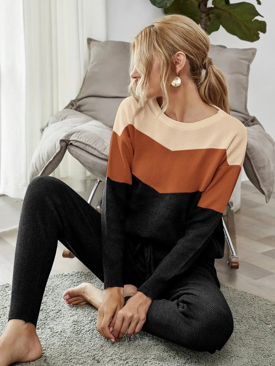 

Contrast Color Sweater Top Casual Trousers Sweater Two-piece Set 2022 Autumn and Winter New Suit Two Piece Sets Womens Outifits