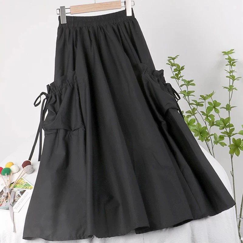 Korean Style Pockets Lace up Skirts Womens Spring Summer A-Line Midi Skirt Elastic High Waist Solid Casual Cotton Skirts Female purple skirt Skirts