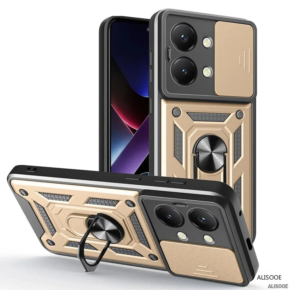 Armor Slide Camera Lens Protection Back Cover with Ring Stand - Shockproof Case