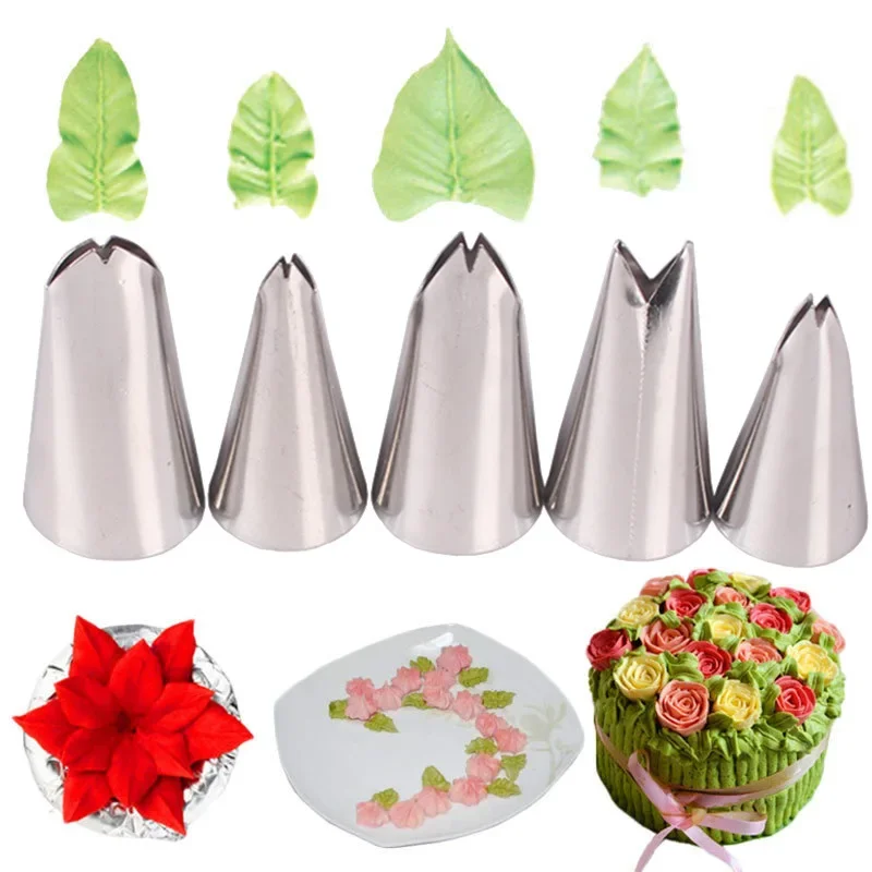 5pcs Leaves Confectionery Pastry Nozzles Stainless Steel Icing Piping Cream Nozzle For Cakes Decorating Tools Baking Accessories