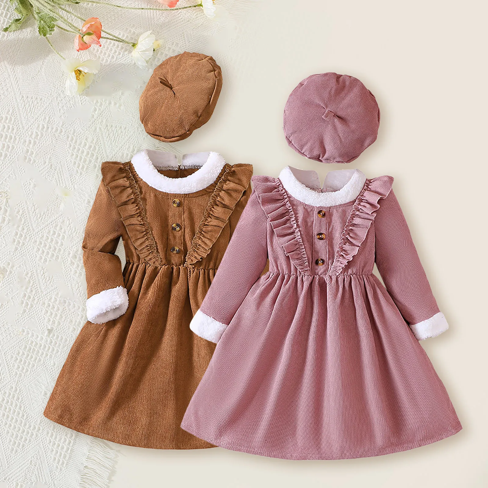 

Autumn Toddler Girl Dress Ruffle Winter Long Sleeve Dresses Ruffles Princess Clothes Kid Pleated Corduroy Flounce Chidlren Dress