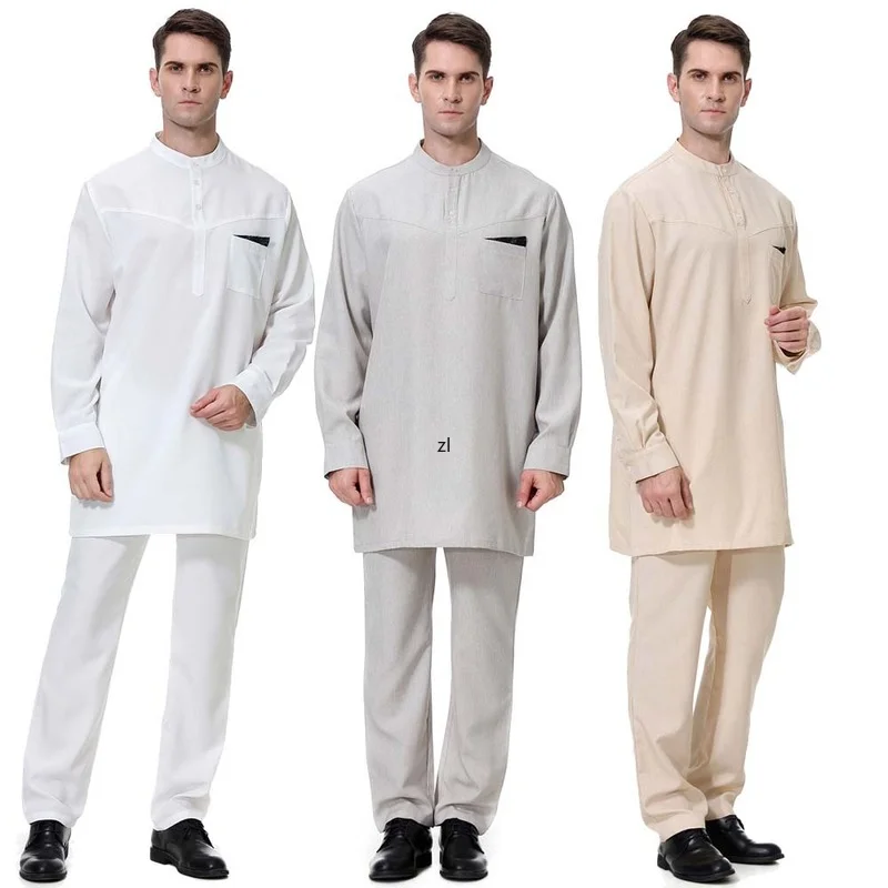 Ramadan Men's Robe Two Piece Set Solid Color Loose Casual Suit Middle East Muslim Spring Summer 2022 Kaftan Moroccan Saudi