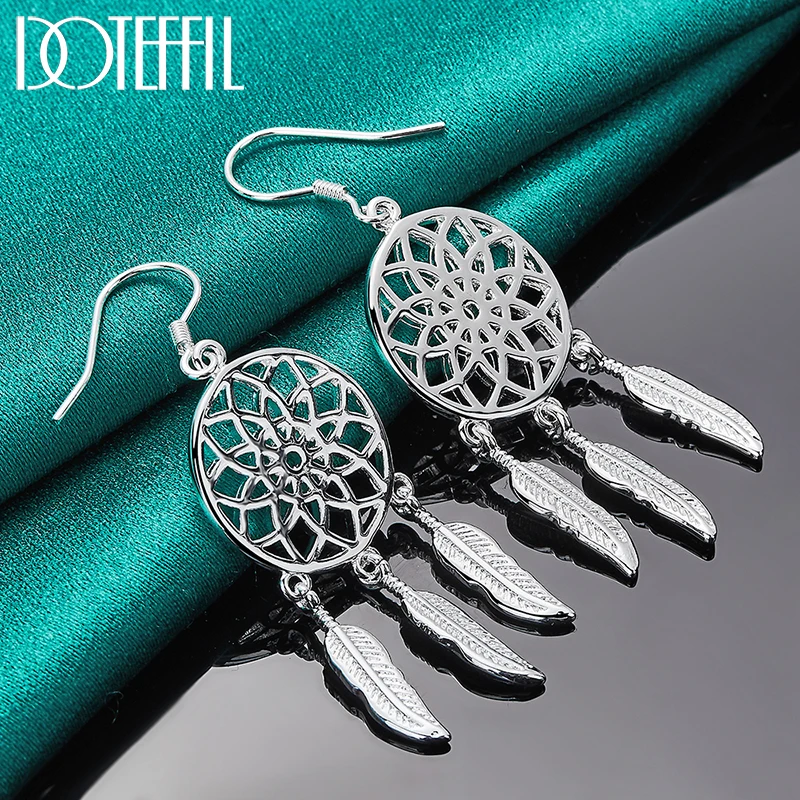 DOTEFFIL 925 Sterling Silver Fine Dream Catcher Feathers Earrings for Woman Fashion Designer Party Wedding Jewelry Gifts