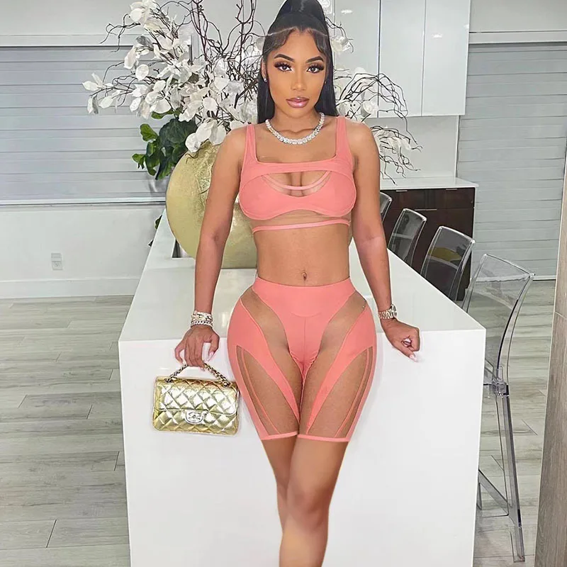 

Sexy Cut Out 2 Piece Sets Womens Outfits Tank Crop Top+Shorts Sets Beach Vacation Mesh See Through Festival Outfit Matching Sets