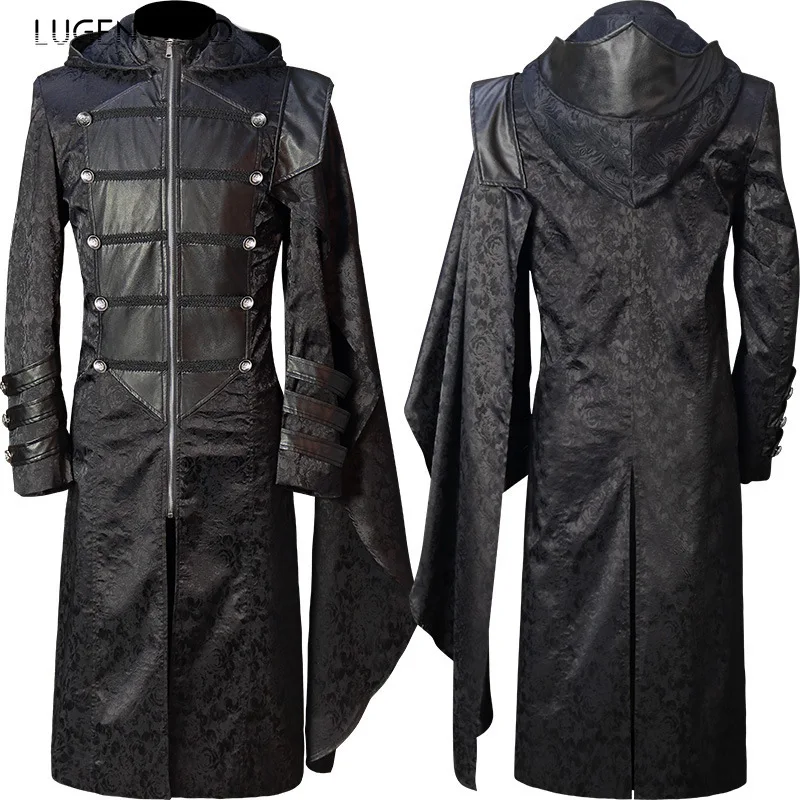 Men Medieval Gothic Long Jacket Punk Military Cloak Cape Coat Hooded Retro Costume Party Zipper Stand Collar Trench Black Cloth