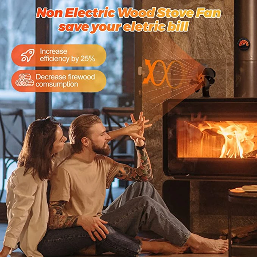 6 Blades Heat Powered Stove Fan Black Fireplace Fan Log Wood Burner Eco-fan  Quiet Home Fireplace Fan Efficient Heat Distribution