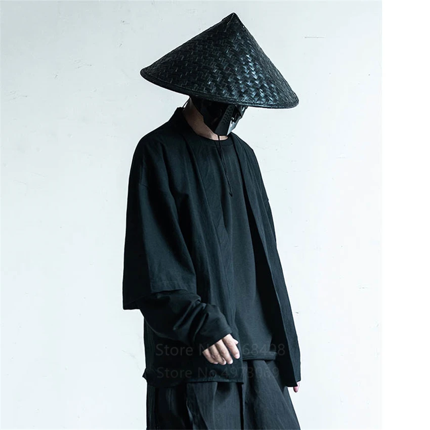 Japanese Streetwear Haori Men Traditional Kimono Cardigan Black Coat Jacket Harajuku Autumn Samurai Fashion Cosplay Costumes