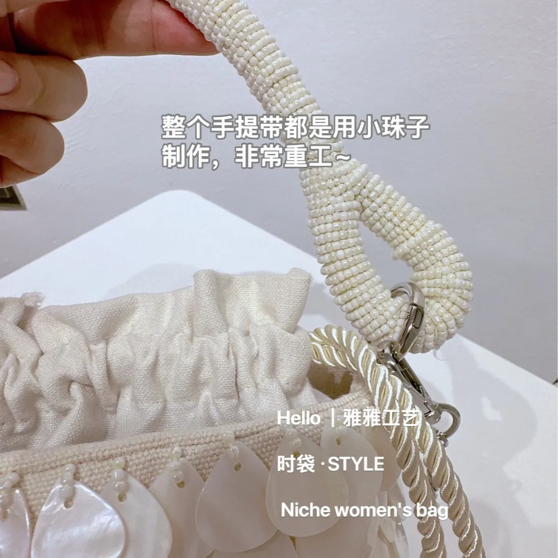 Designer Women's Bag Pearlescent Inlay Bucket Crossbody Bag Shell Beaded Handbag Sequin Wooden Handle Tote Exquisite Purse