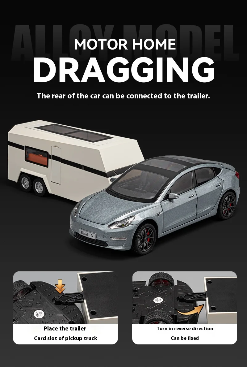 1:24 Scale Tesla Model 3 Trailer Rv Model Children'S Toy Car With Sound And Light