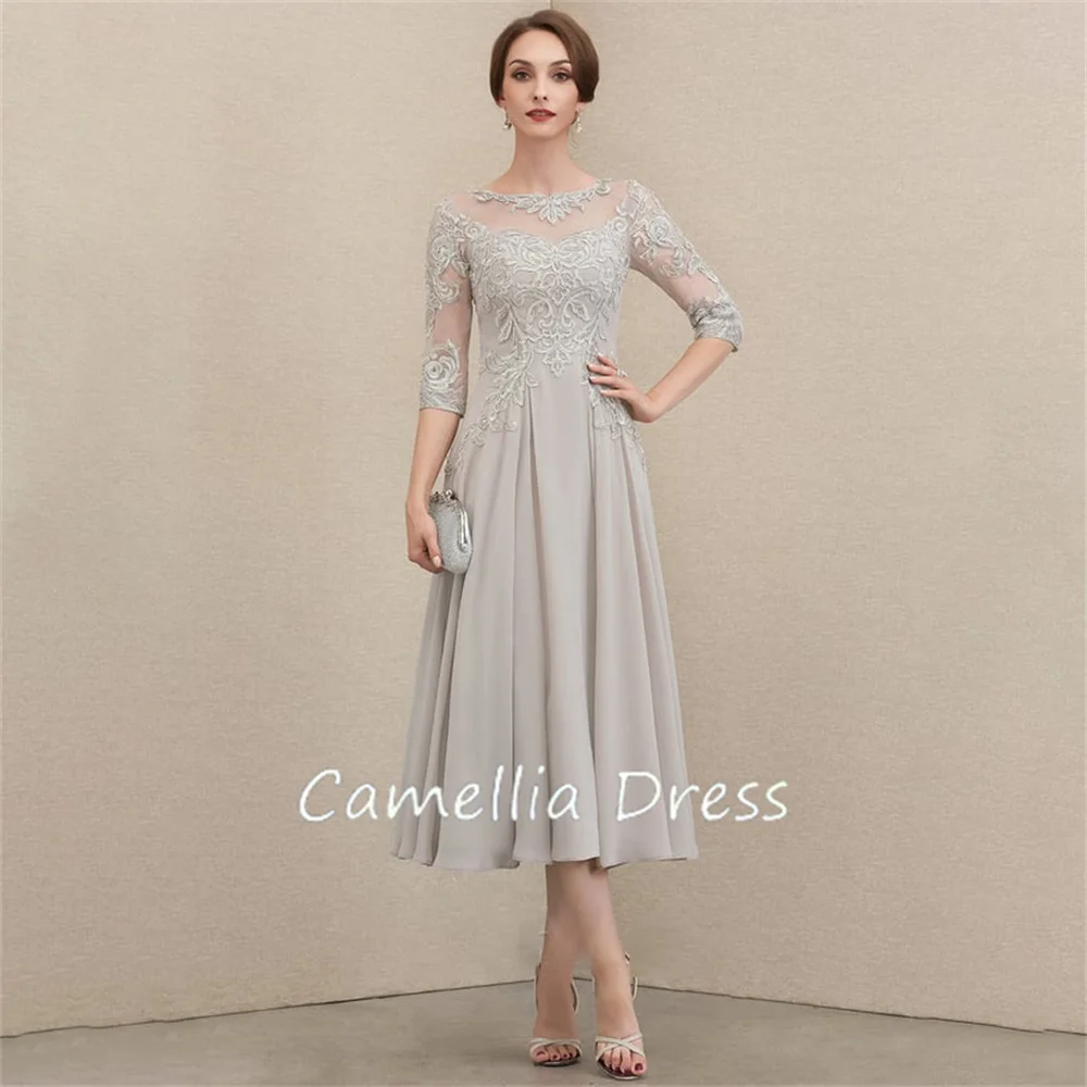 

New Scoop Neck Mother Of The Bride Dress A-line Tea-Length Chiffon Lace Beading Formal Dresses Vestidos Mae Da Noiva Casamentos