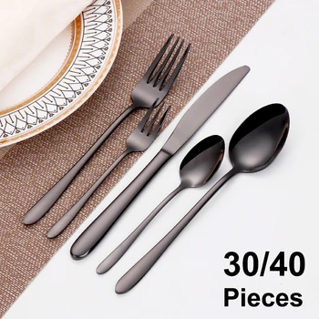 30/35/40 Pezzi Stoviglie Occidentali Set di Posate Nere in Acciaio Inossidabile Set da Cena Elegante Specchio Coltello Forchetta Cucchiaio Utensili da Cucina 1