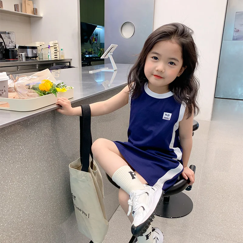 

Sports Dress for Children Wear Summer Girls Sleeveless Vest Dress for Middle and Small Children Long Color-blocking Sports Dress