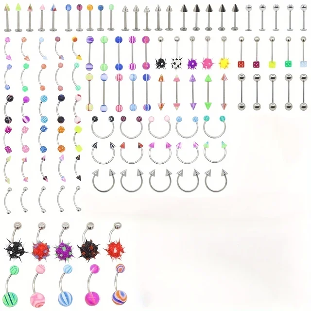 110pcs Body Piercing Kit Stainless Steel Acrylic Colorful Belly Button Ring Lip Tongue Nose Piercing Jewelry For Halloween Party 2