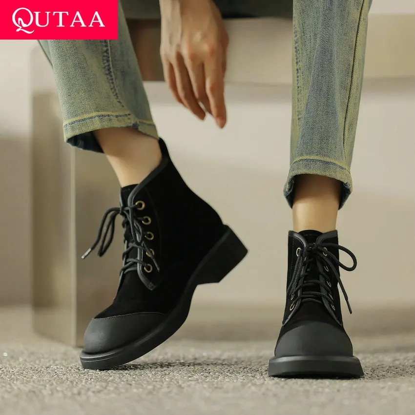 

QUTAA 2024 Vintage Women Genuine Leather Ankle Boots Autumn Winter Thick Med Heels Lace Up Office Lady Short Boots Size 34-42