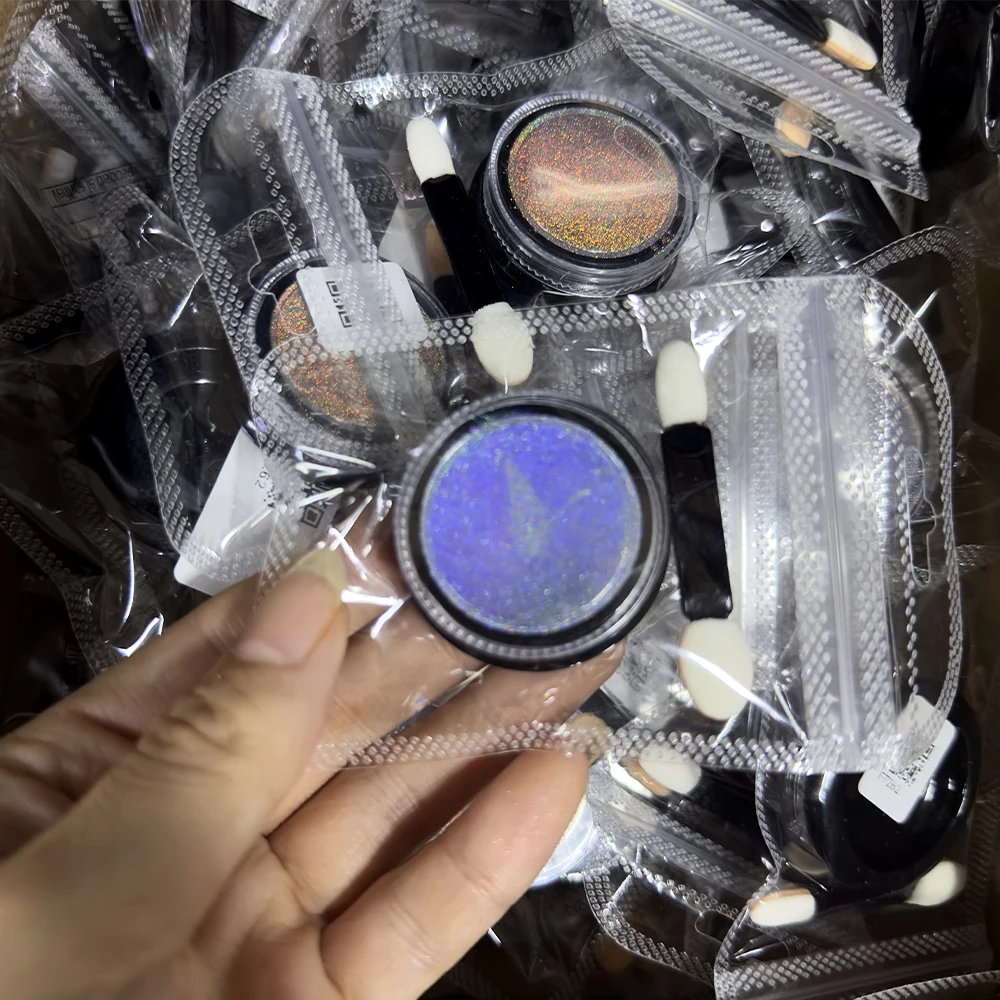 1Box Holographic Laser Chrome Nail Glitter Powder Rainbow Unicorn Mirror Effect Pigment Nail Rubbing Dust with Sponge Applicator