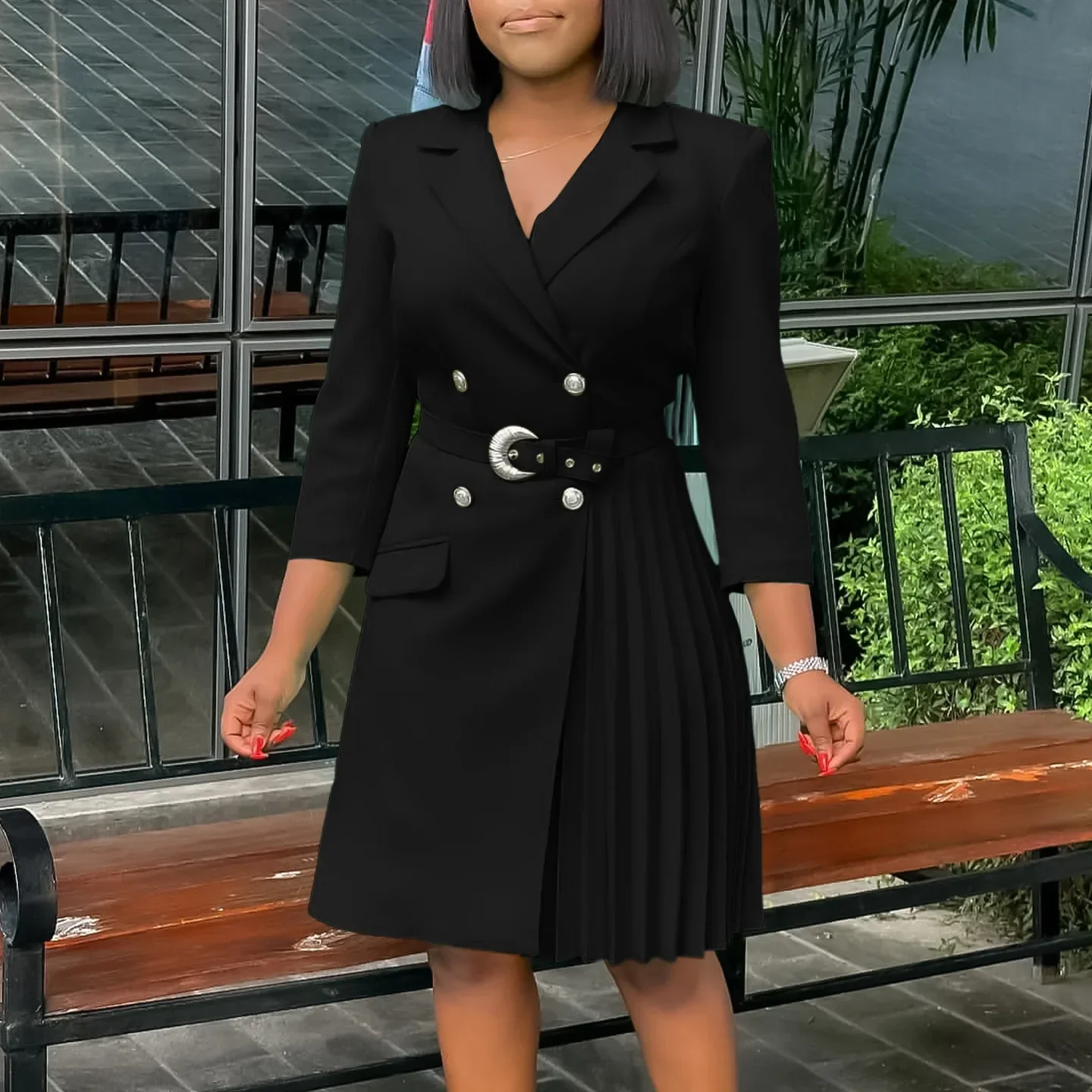 Elegant Blazer Dresses for Women Church Waist Belt Buttons Pleated Long  Sleeves Classy Modest Female Office Ladies Business New - AliExpress  200000345