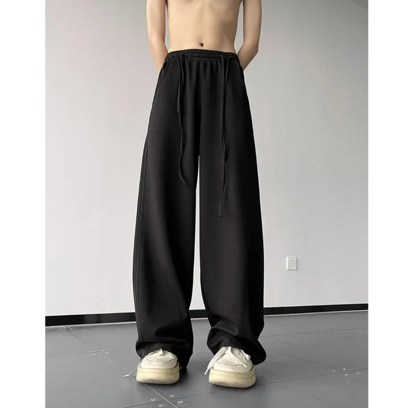 American High Street Straight Pants Trendy Fashion Autumn New Men's Solid Pocket Elastic Waist Drawstring Loose Sports Trousers