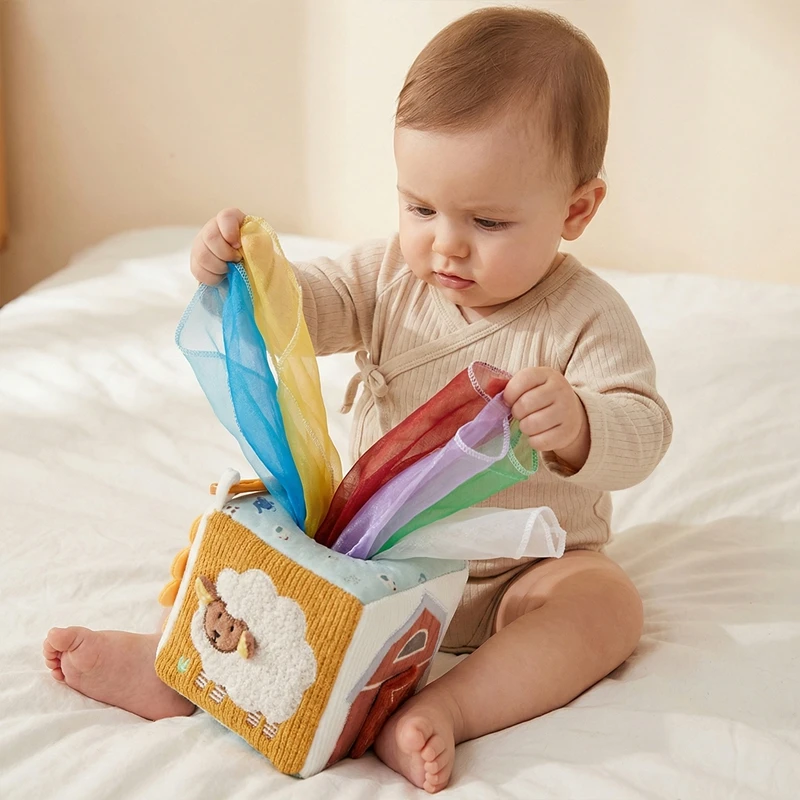 Magische Taschentuchbox, weiche Plüsch-Sensorikspielzeuge, Baby-Montessori-Spielzeug, Baumwoll-Finger-Übungs-Busy-Board-Spiel, Baby-Montessori 0-12 – Detail 15