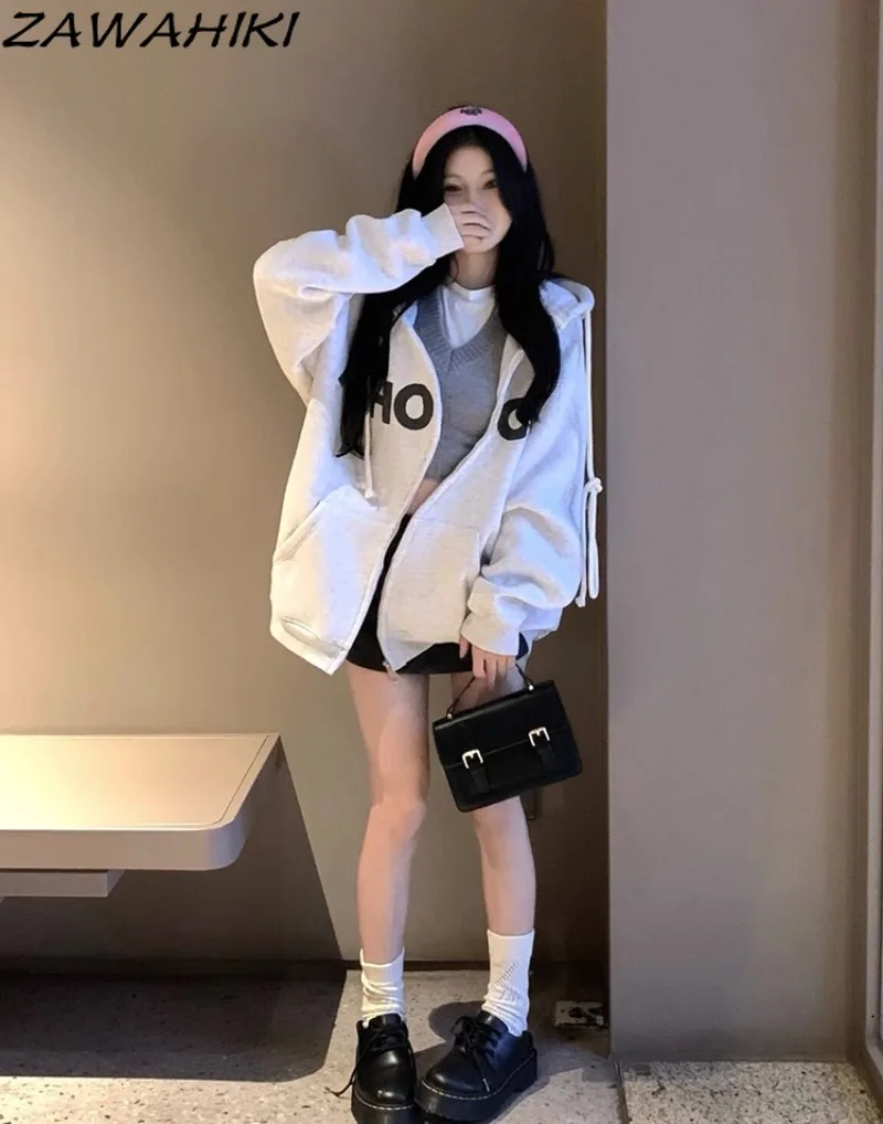 

ZAWAHIKI New American Fashion Designed Letter Print Loose Hoodies Sweatshirt Women Zip-up Long Sleeve Casual All Match Tops