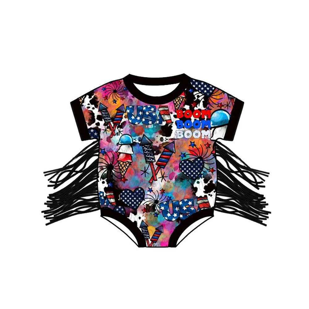 

Boutique July 4th Outfits Boom Firework Black Tassel Girls Short Sleeve Baby Romper