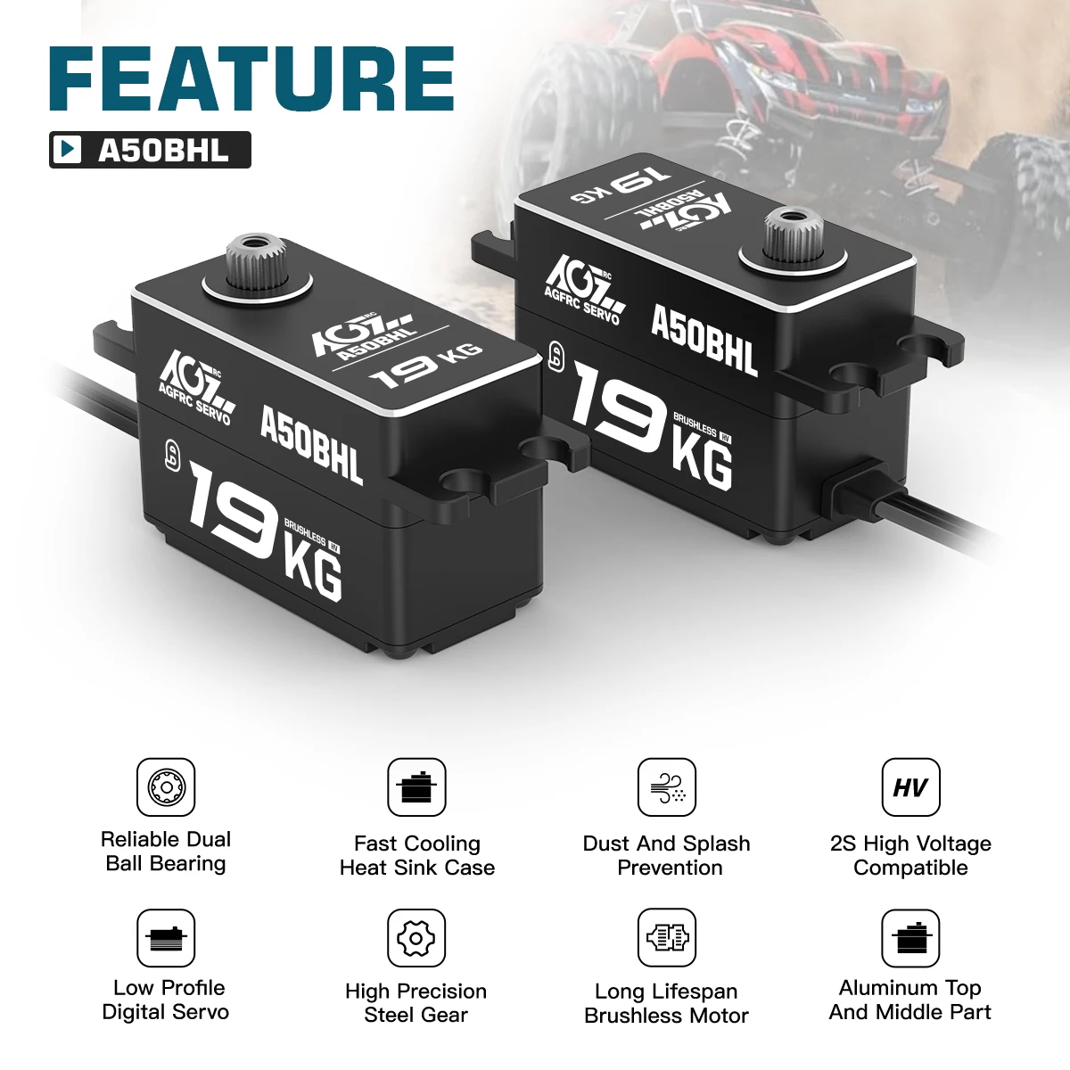 AGFRC A50BHL 19KG 울트라 토크 초고속 8.4V 프로그래밍 가능한 로우 프로파일 브러시리스 스티어링 RC 서보 자동차 여행용 표류