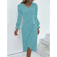 Elegant Floral Pleated H shaped Midi Dress Female V Neck Puff Sleeve Waist Ruched Button Dresses Women Summer Dress Robe - Image 6