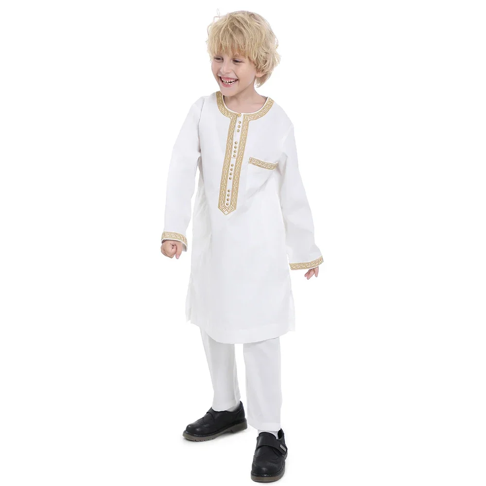 이슬람 어린이 가운 2 조각 세트 어린이 소년 라운드 넥 긴 소매 인쇄 드레스 셔츠 Abaya Kaftan Jubba Thobe 이슬람 의류