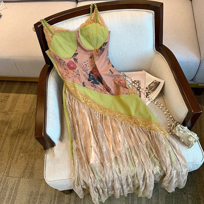 

Floral Lace Stitching Maxi Dress Women Summer French Style Bohemian Chic Irregular Suspender Strap Long Dress Evening Party Robe