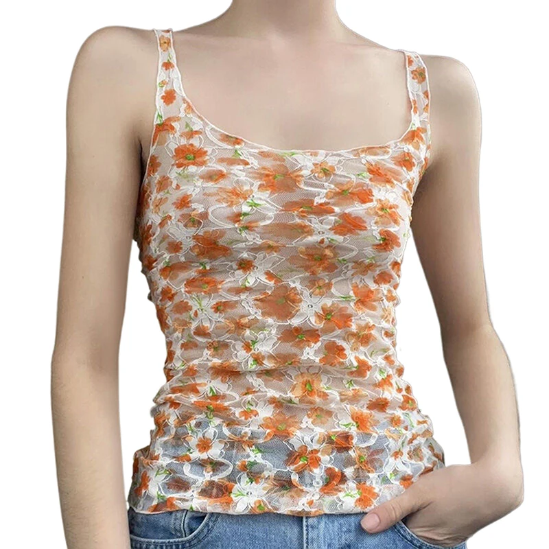 

Womens Floral Mesh Crop Tops Y2K Sheer Sexy Slim Square Neck Sleeveless Tank Tops Females Summer Fashion Streetwear Camisole