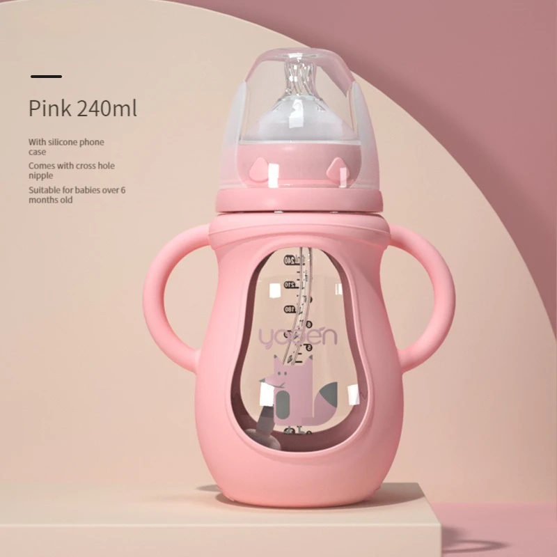 Glass Baby Bottle with Straw Wide Mouth Silicone Handle Shatter Resistant Autoclavable BPA Free glass milk bottle milk bottle water bottle feeding bottle