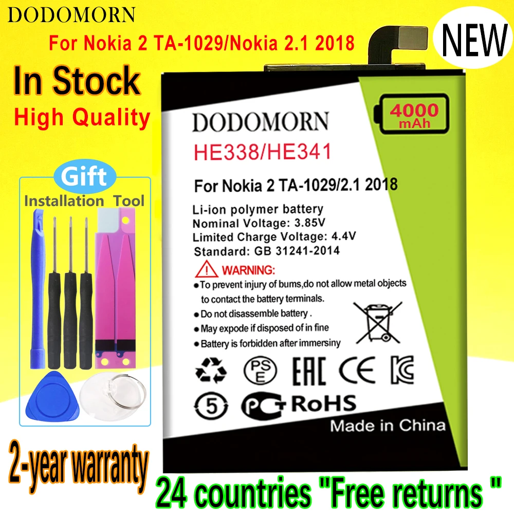 

DODOMORN HE338 HE341 Battery For Nokia 2 TA-1029/Nokia 2.1 2018 Smartphone/Smart Mobile Phone High Quality +Tracking Number