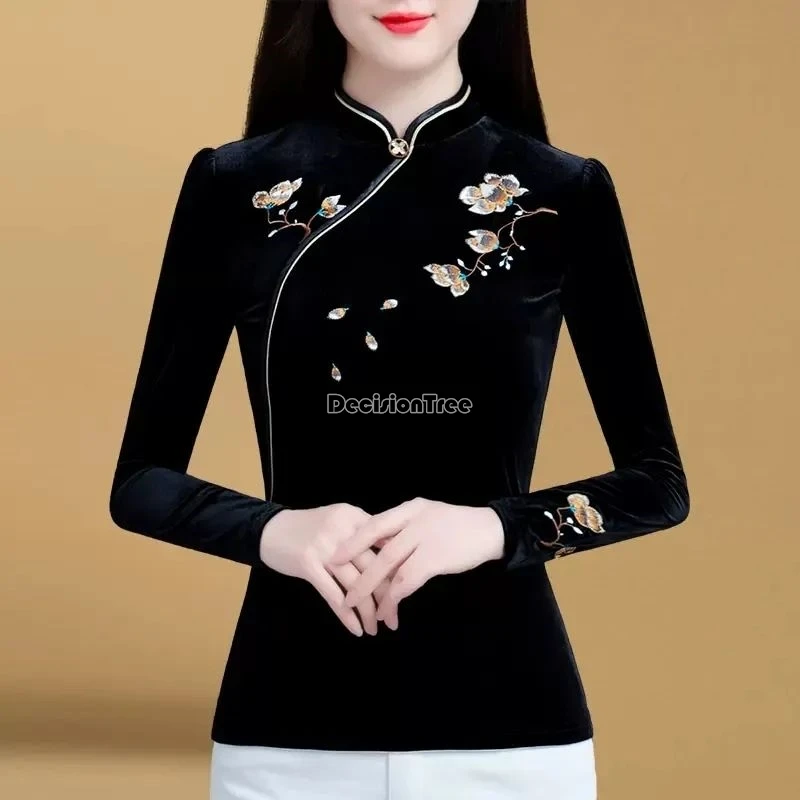 classical temperament embroidery qipao top chinese style autumn winter thicken warm blouse fashionable versatile cotton top women chinese shirt