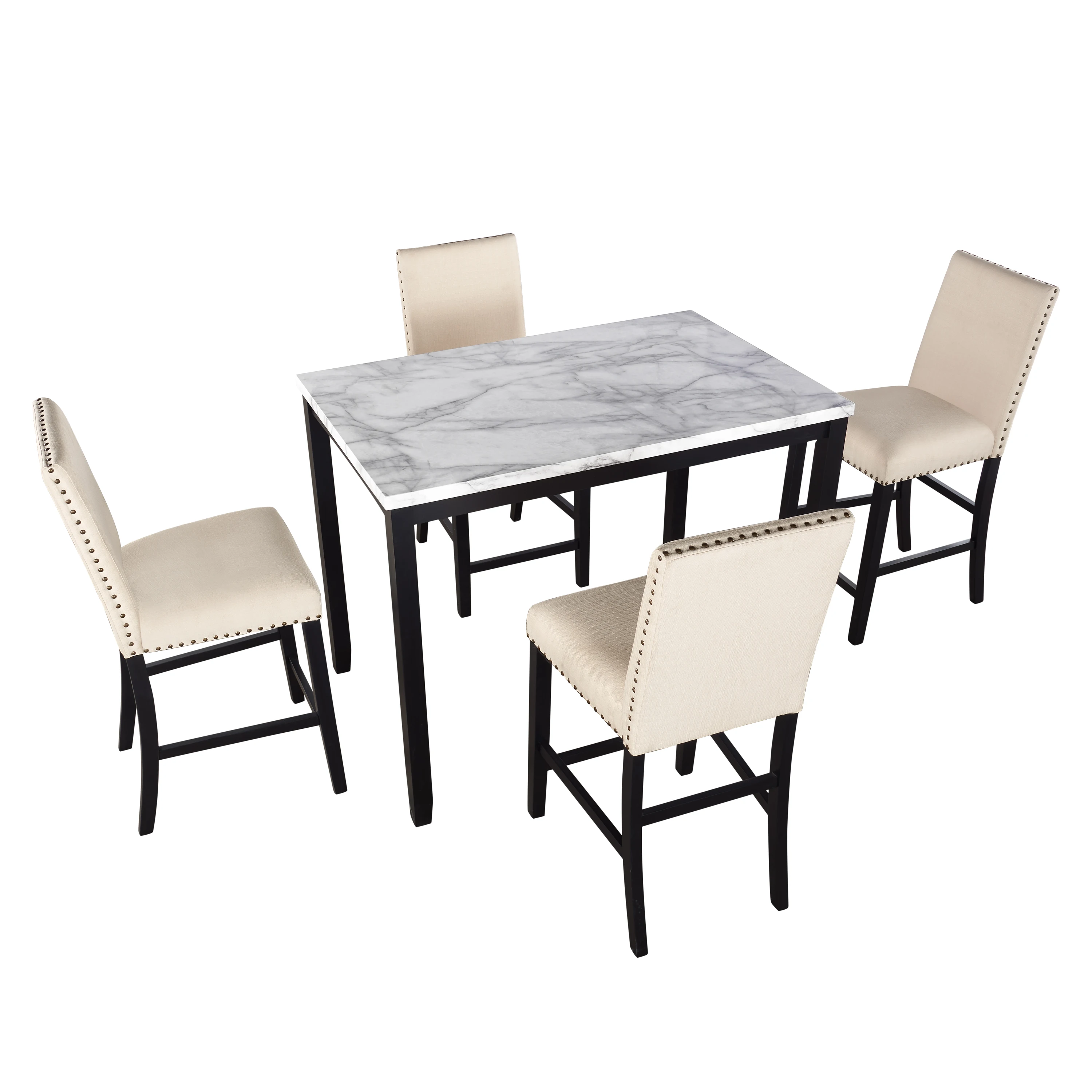 

5 Piece Counter Height Faux Marble Modern Dining Set with Matching Chairs and Marble Veneer for Home, Beige