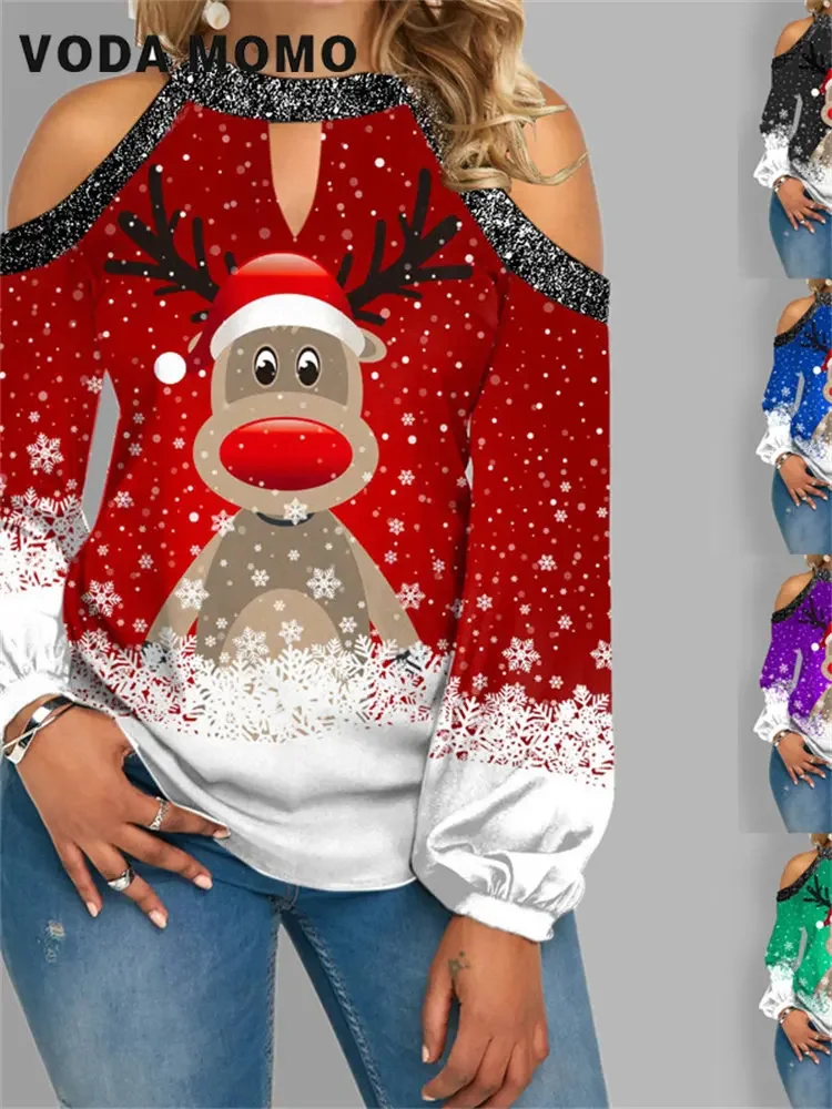 

New 2023 Fashion Long Puff Sleeve Autumn Clothes Women Cute Christmas Elk Print T Shirt Casual Off Shoulder Loose Pullover Tops