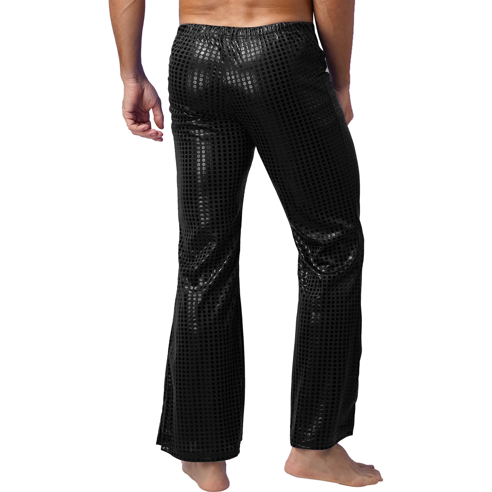 Mens Shiny Sequins Long Pants Disco Dance Pants Party Stage Performance Costume Bell Bottom Elastic Waistband Flared