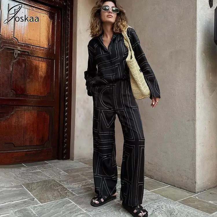 

Joskaa Letter Print Satin Two Piece Set Women Fashion Long Sleeve T-Shirts and Wide Leg Pants Matched 2024 Spring Casual Outfits